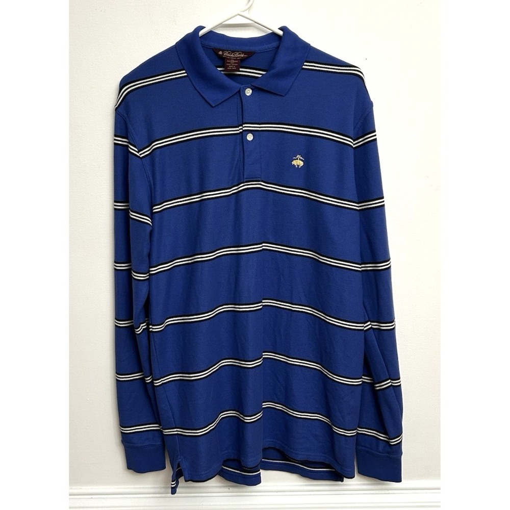 Vtg Brooks Brothers Polo Shirt XL Blue Black White Stripe L/S Preppy Old Money